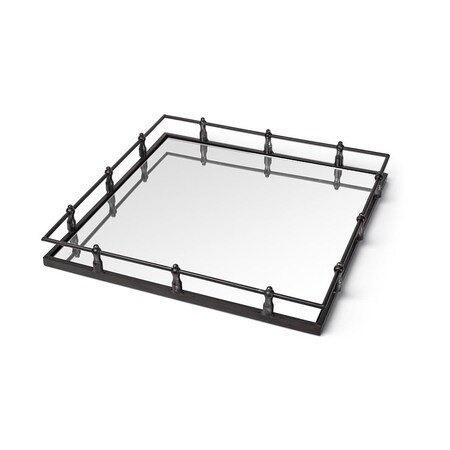 Homeroots Mirrored Glass Bottom & Railing Handle Tray with Natural Finish Metal, Silver 376036